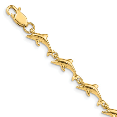 14k Yellow Gold Fancy Dolphin Bracelet-7-inch, 7-MM wide