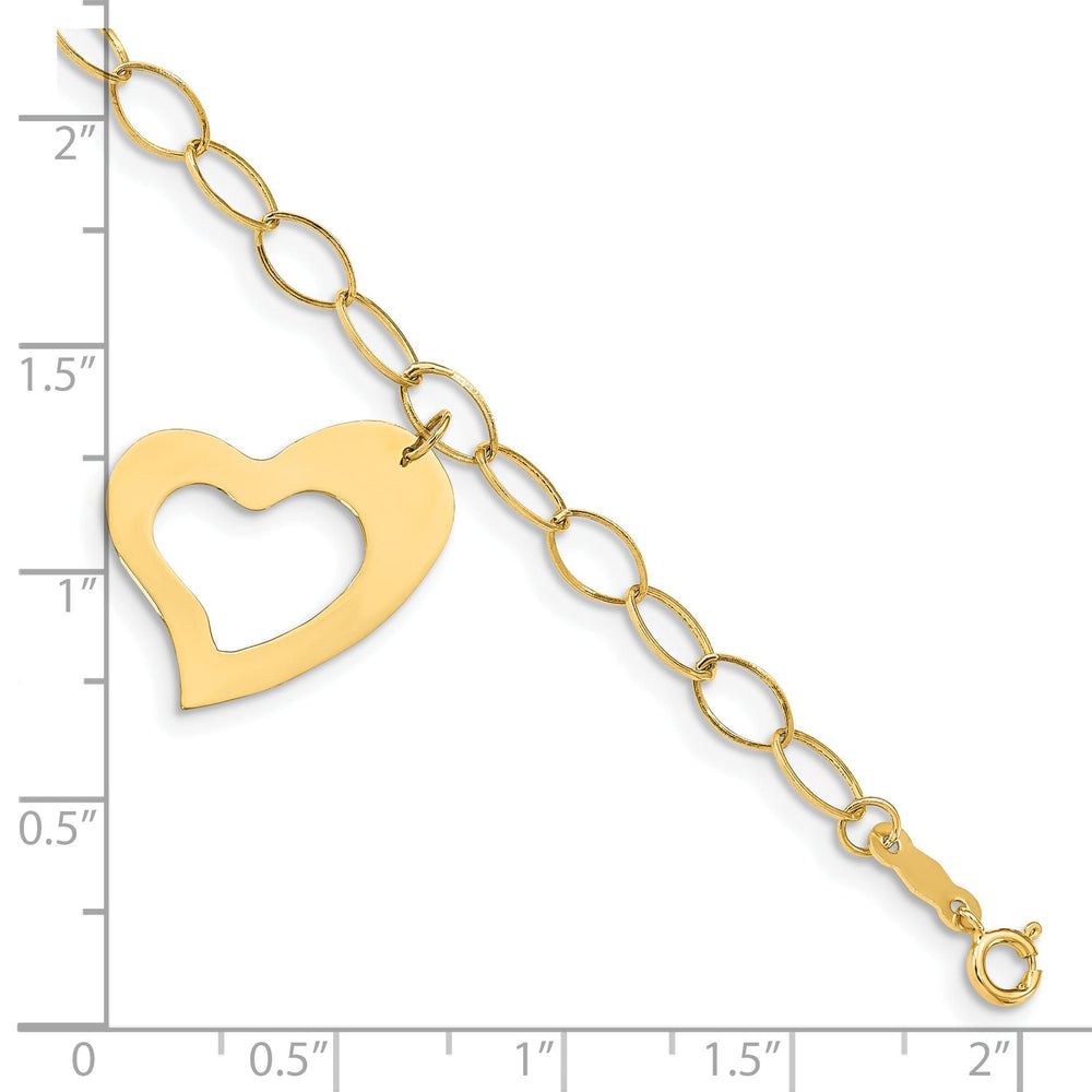 14K yellow gold oval link open chain heart design, 7.5-inch bracelet