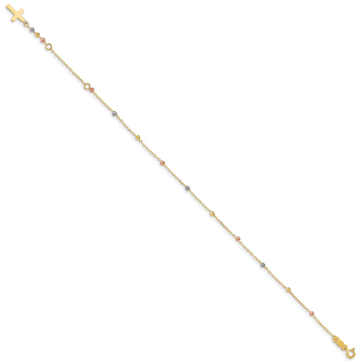 14K tri-colored gold bracelet beaded design and cross accent. 7-inch