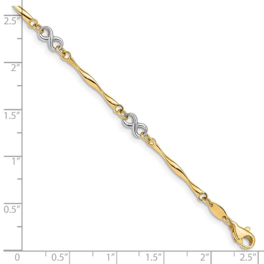 14k two-tone gold bracelet tubing 3D infinity design. 7.5-inch