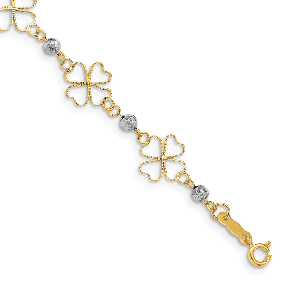 14k two-tone gold 3D clovers beads design7.5-inch, Bracelet 9mm wide