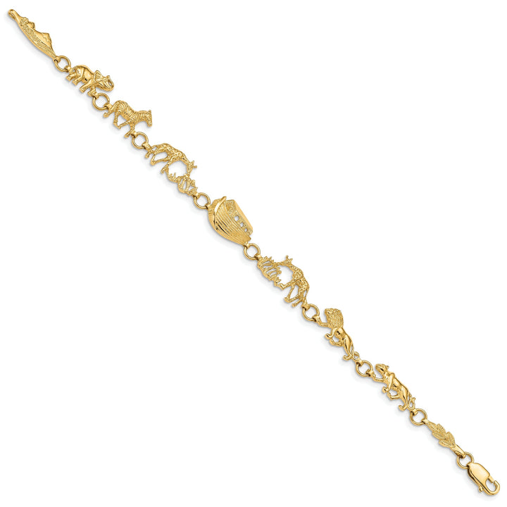 14k yellow gold textured polished finish Noah's Ark design bracelet. 7-inch, solid 9.5-mm wide