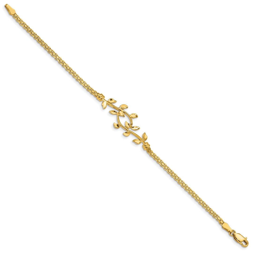 14K yellow gold leaf bracelet 7-inch, 13mm wide domed shape