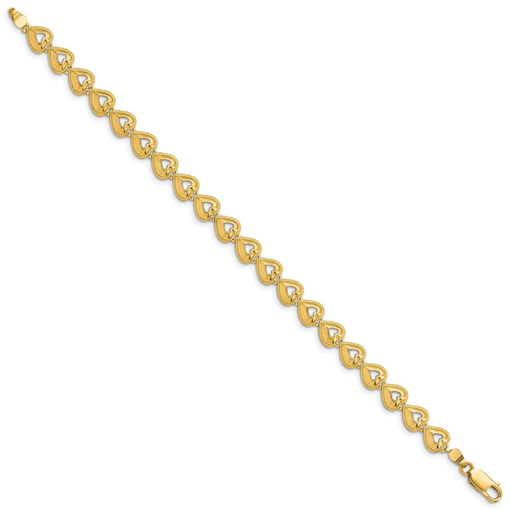 14K yellow gold Beaded Hearts design Bracelet lobster clasp. 7-inch