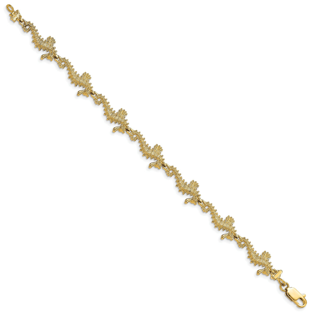 14k yellow gold 3-D seahorse bracelet. Polished finish, 7.5-inch, 11.5-mm wide