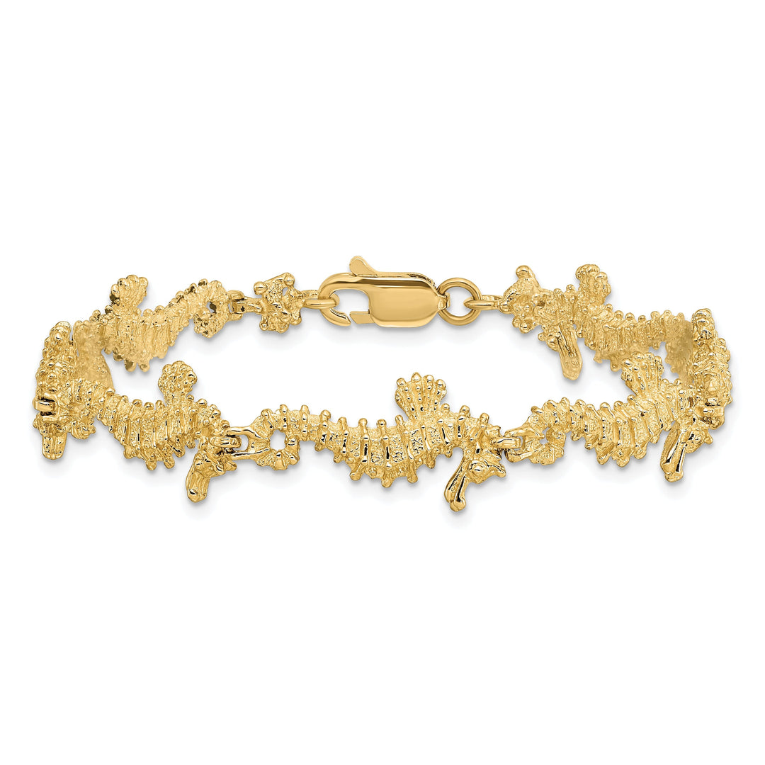 14k yellow gold 3-D seahorse bracelet. Polished finish, 7.5-inch, 11.5-mm wide