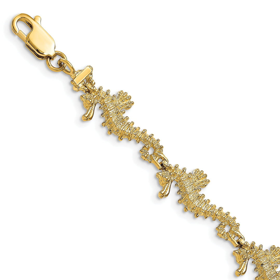 14k yellow gold 3-D seahorse bracelet. Polished finish, 7.5-inch, 11.5-mm wide