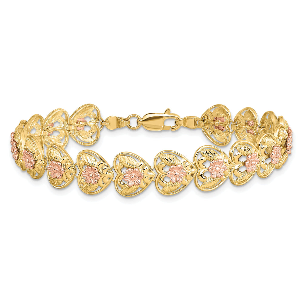 14K two-tone gold Heart with Flowers Bracelet-7.25inch