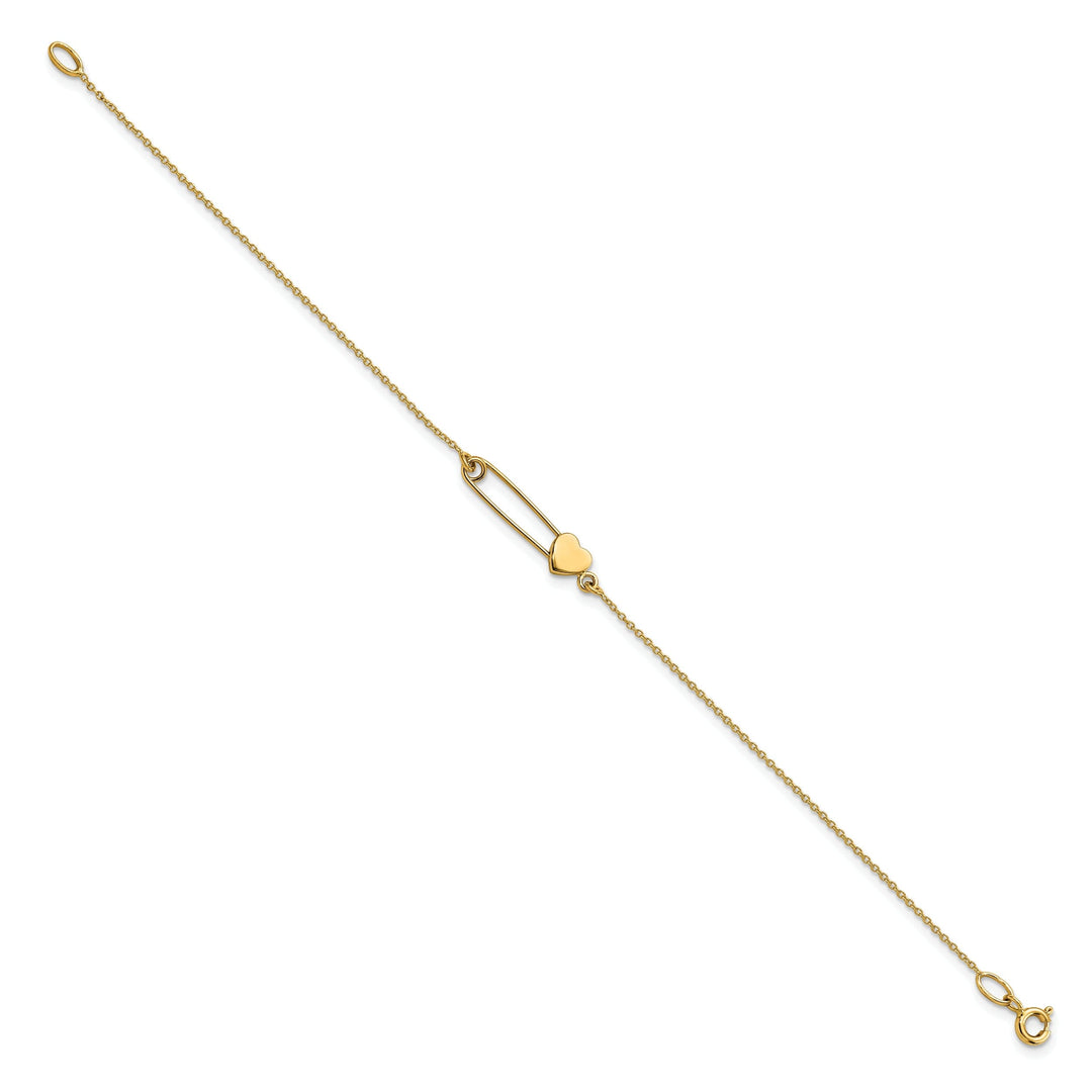 14K yellow gold bracelet safety pin with heart design 7-inch