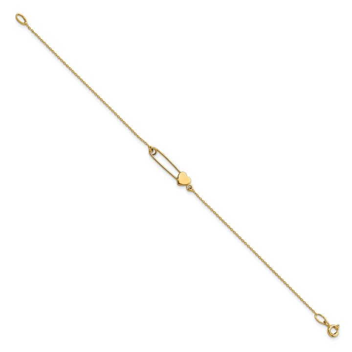 14K yellow gold bracelet safety pin with heart design 7-inch