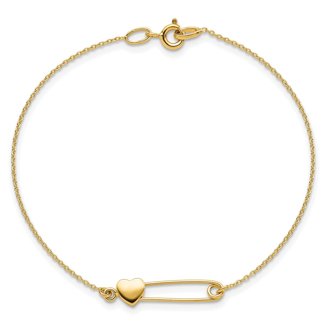 14K yellow gold bracelet safety pin with heart design 7-inch