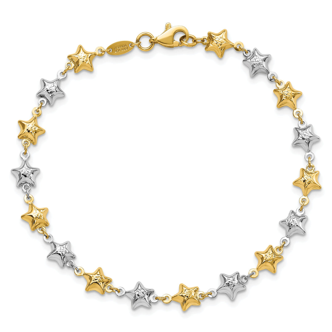 14k two-tone gold bracelet polished puffed star design. 7.75-inch