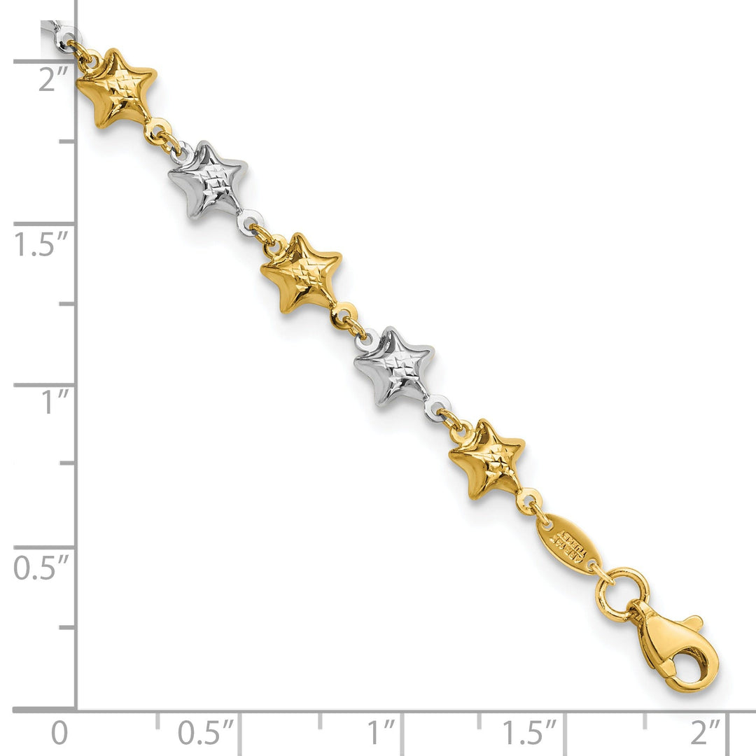 14k two-tone gold bracelet polished puffed star design. 7.75-inch