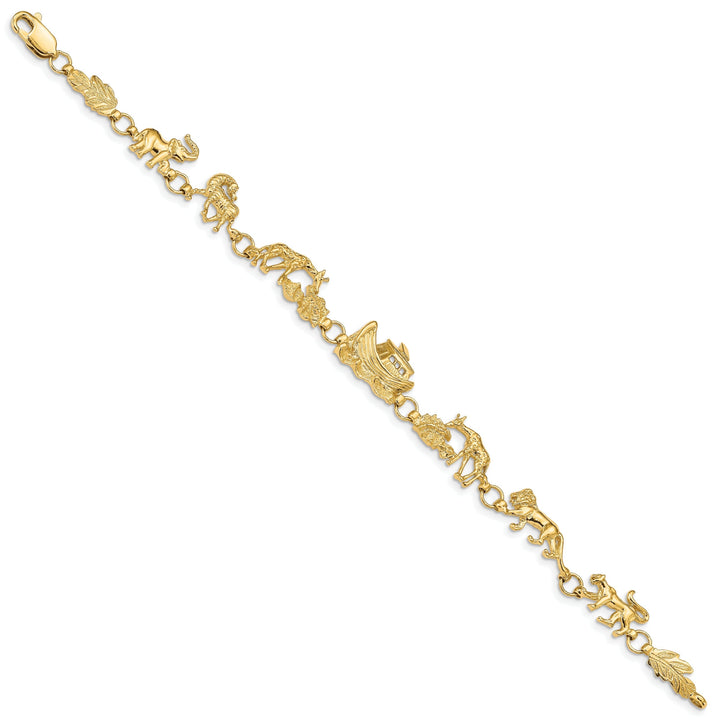 14k yellow gold Noah's Ark bracelet with lions, giraffes, and horses. 7-inch, 11-mm wide