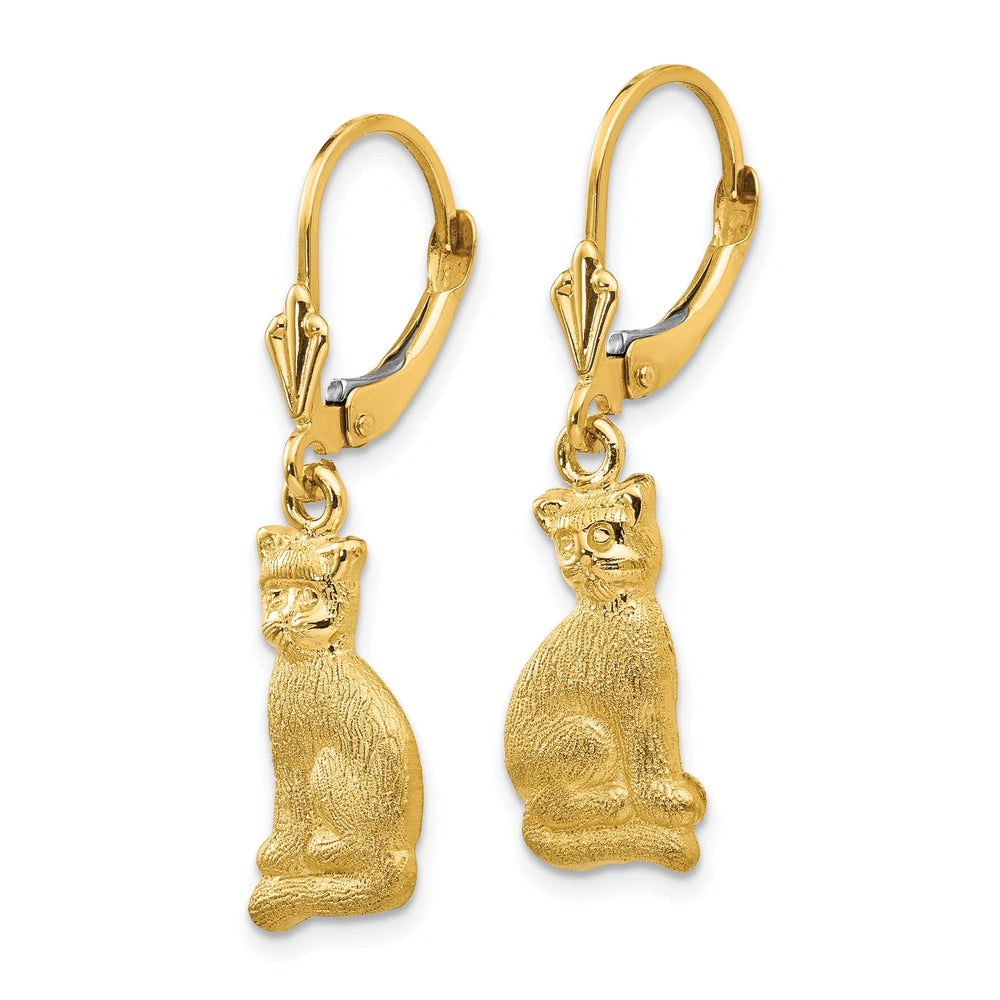14k Yellow Gold Satin Cat Dangle Leverback Earring