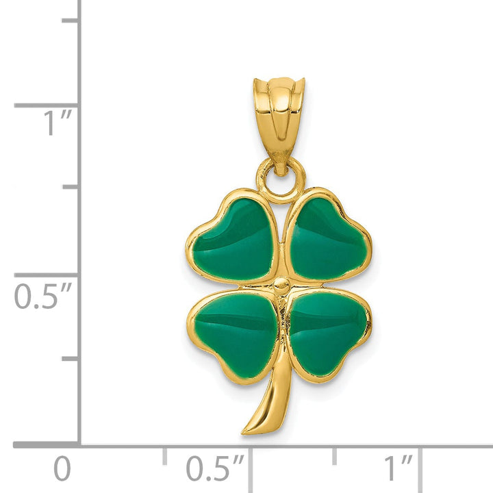 14k Yellow Gold Solid Textured Polished Green Enameled Finish 4-leaf Clover Charm Pendant