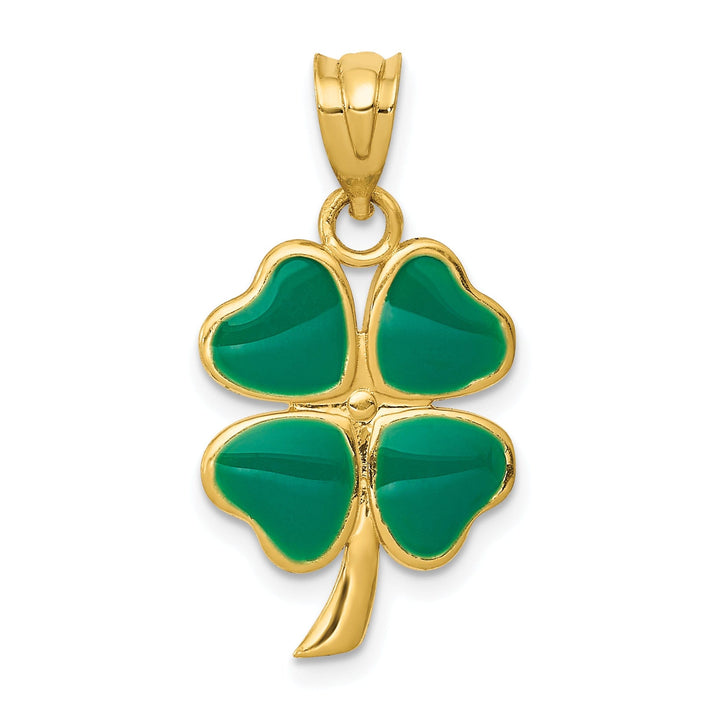 14k Yellow Gold Solid Textured Polished Green Enameled Finish 4-leaf Clover Charm Pendant