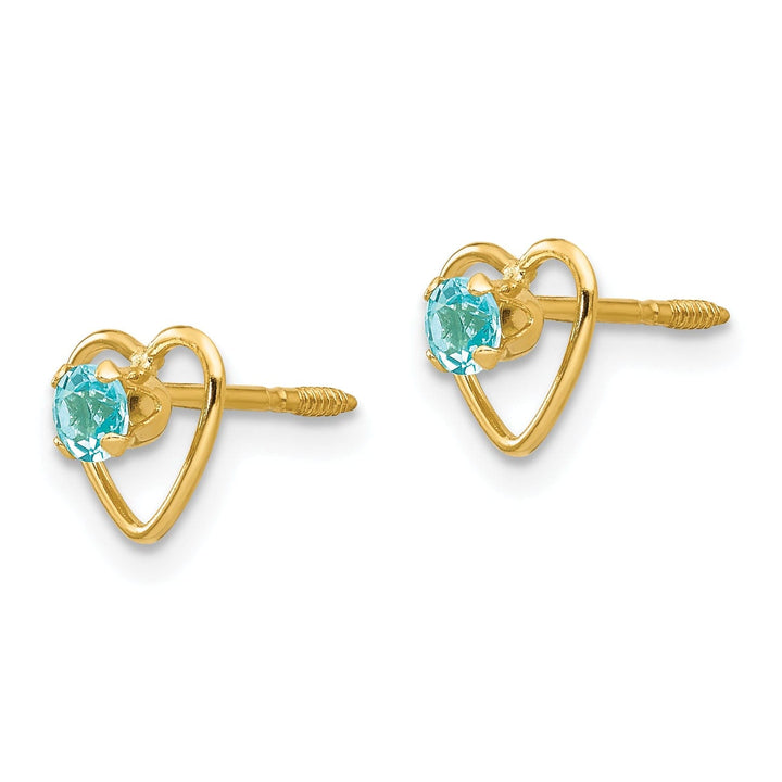 14k Yellow Gold Blue Birthstone Heart Earrings