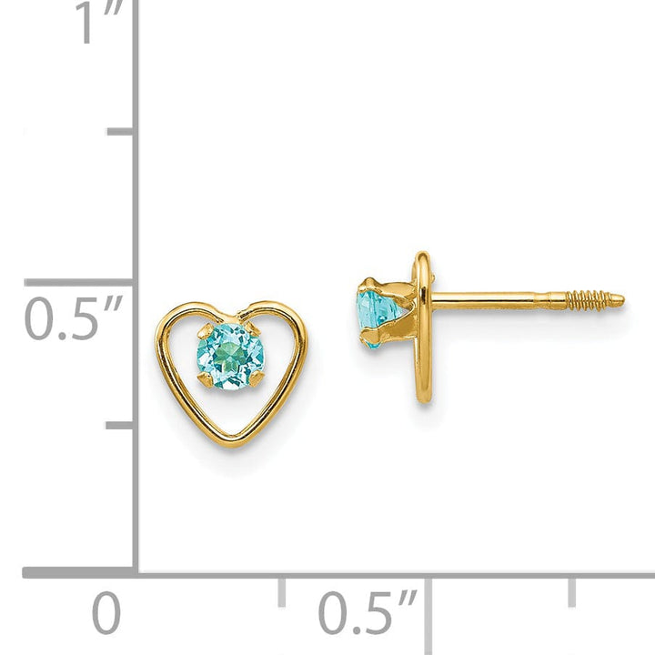 14k Yellow Gold Blue Birthstone Heart Earrings