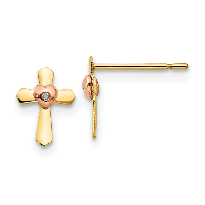 14k Two-tone Gold Cross Heart Post Earrings