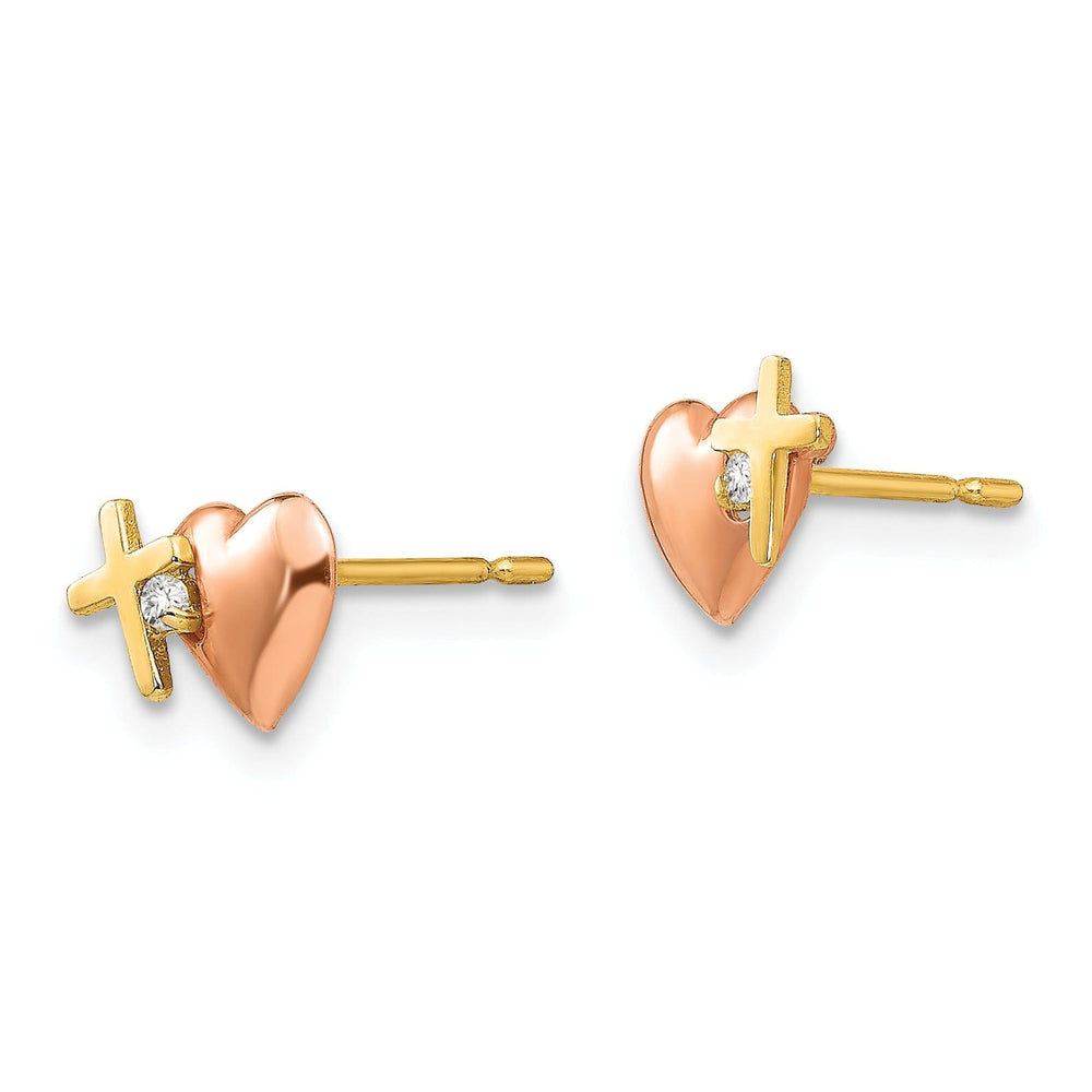 14k Two-tone Gold Heart and Cross Post Earrings