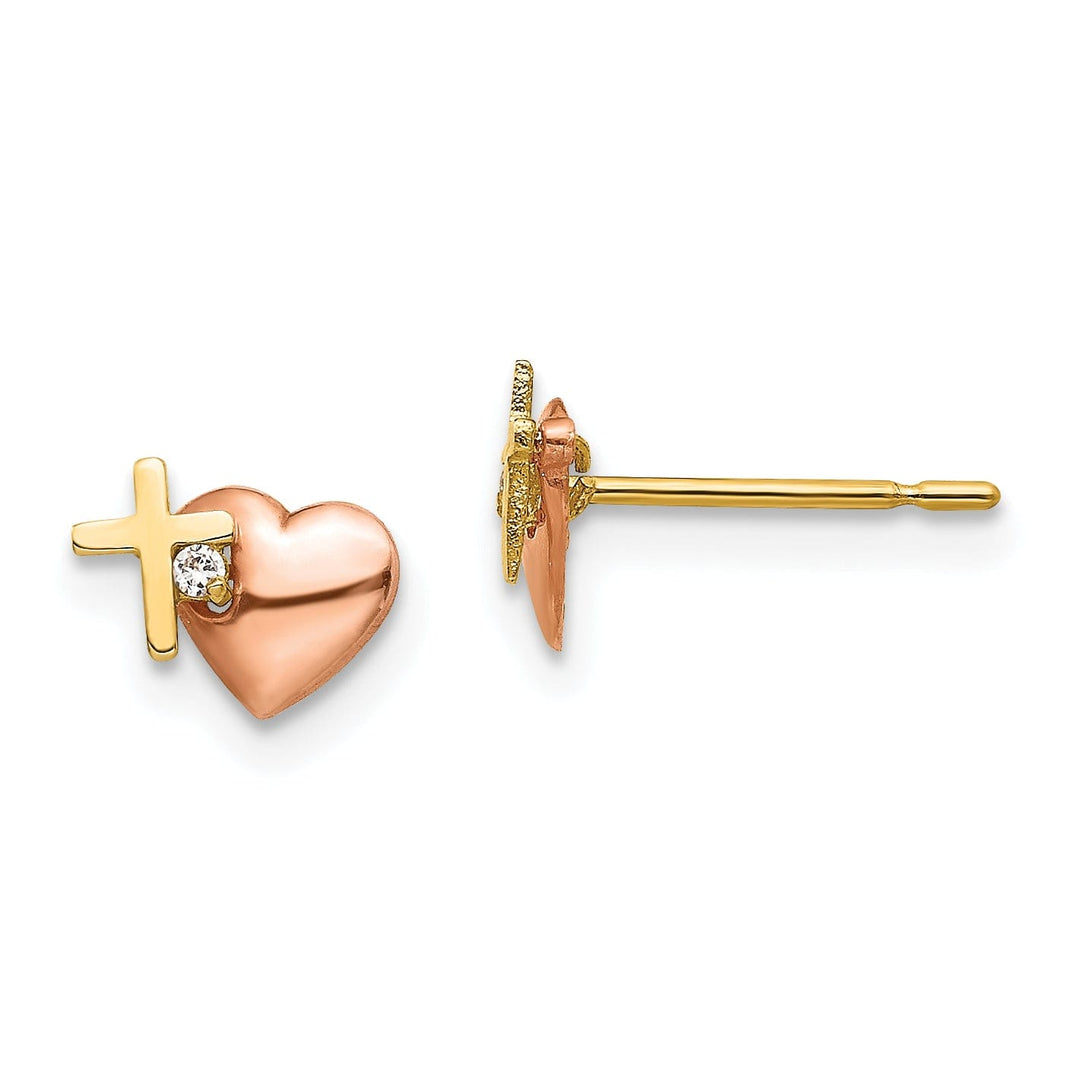 14k Two-tone Gold Heart and Cross Post Earrings
