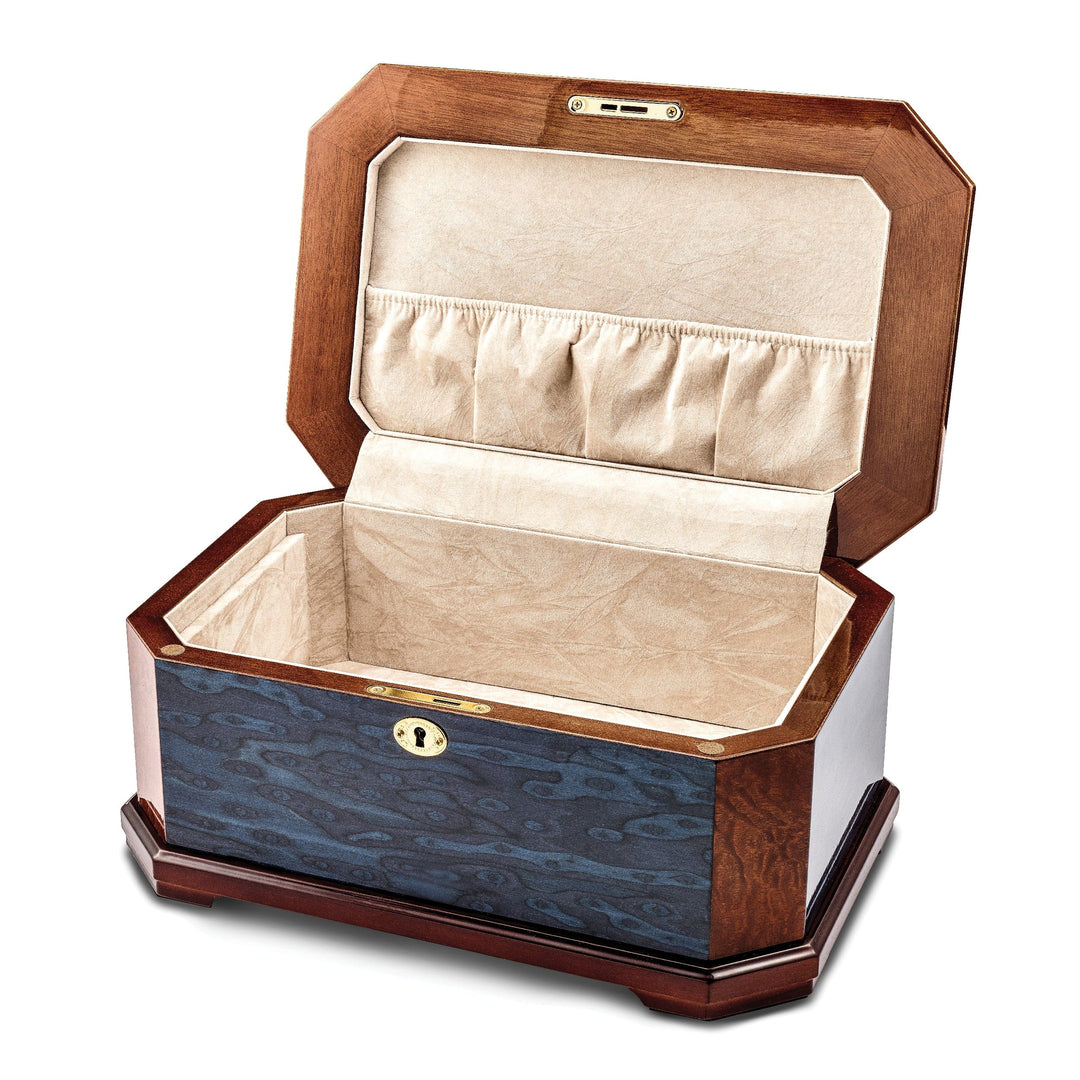 Luxury Giftware Sapeli and Blue Cats Eye Veneer High Gloss Velveteen Lining Locking Memorial Keepsake Box