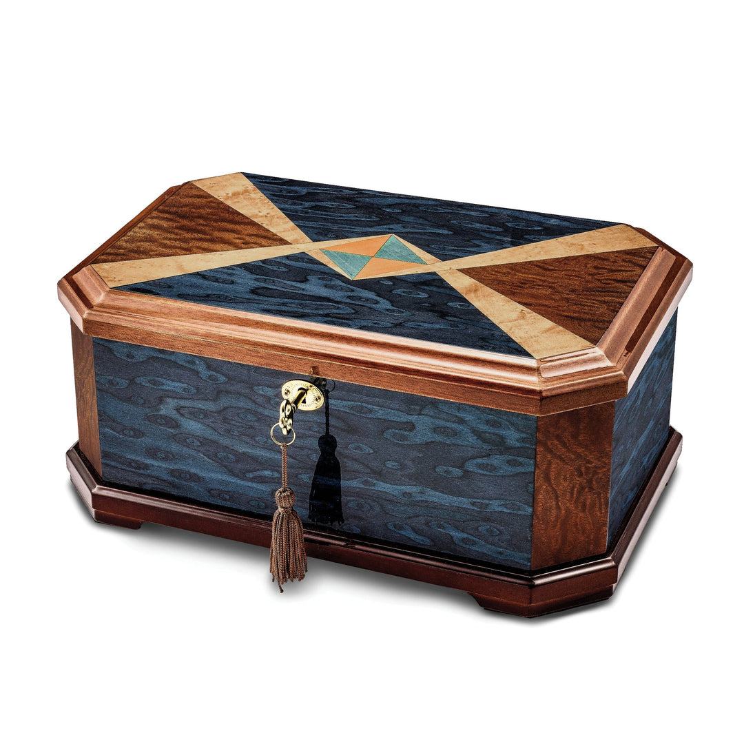 Luxury Giftware Sapeli and Blue Cats Eye Veneer High Gloss Velveteen Lining Locking Memorial Keepsake Box