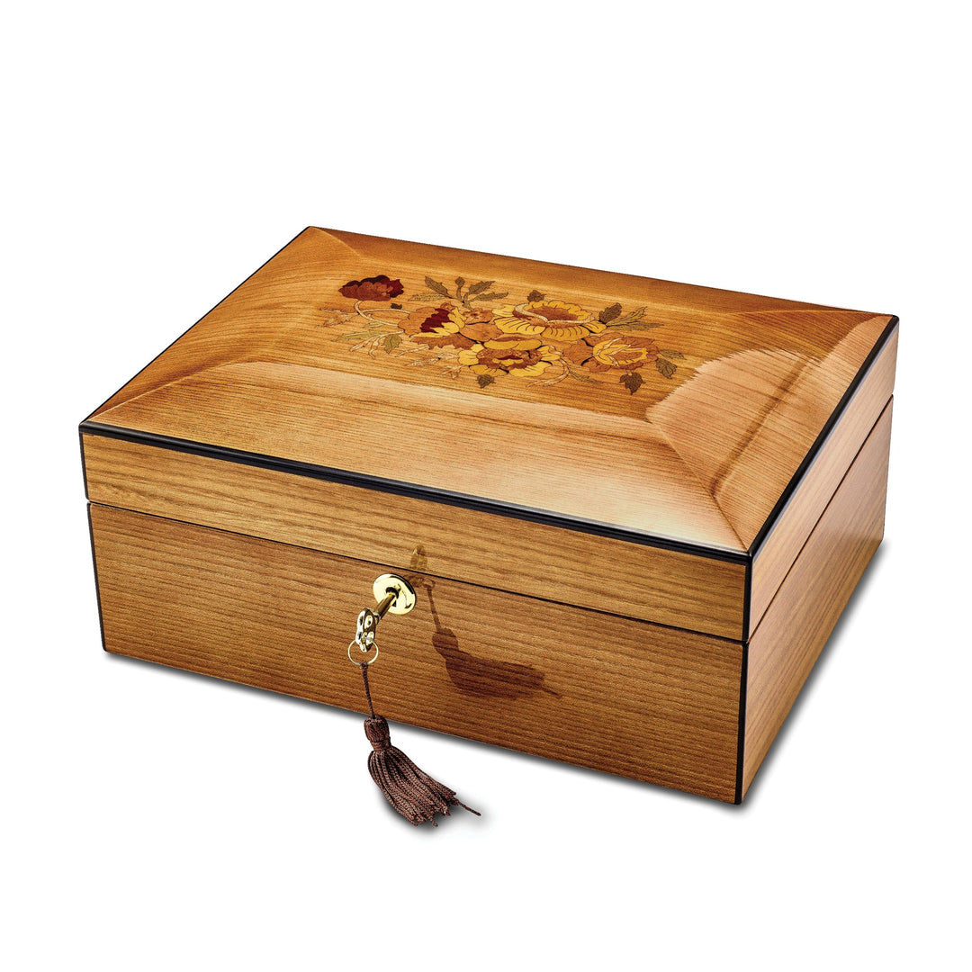 South American Vine Veneer Floral Inlay Locking Memorial Keepsake Box