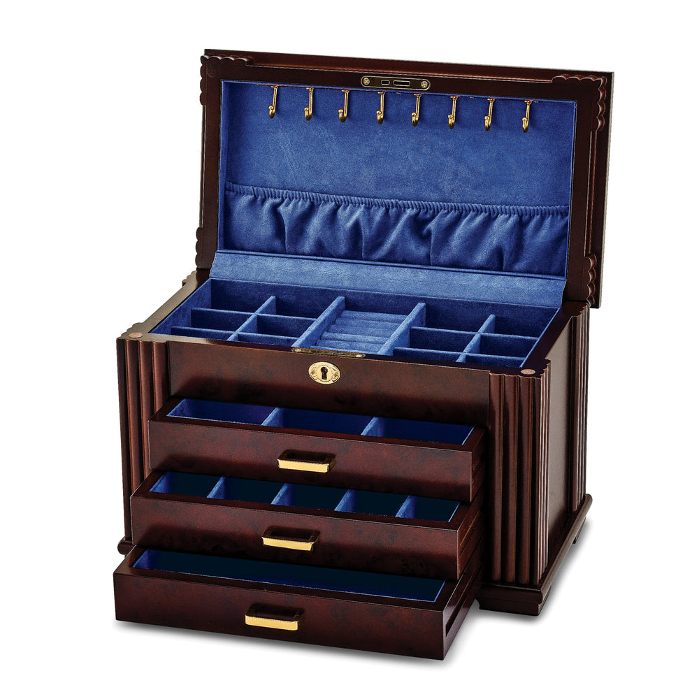 Luxury Giftware Matte Rosewood Burl Veneer 3-drawer Locking Wooden Jewelry Box
