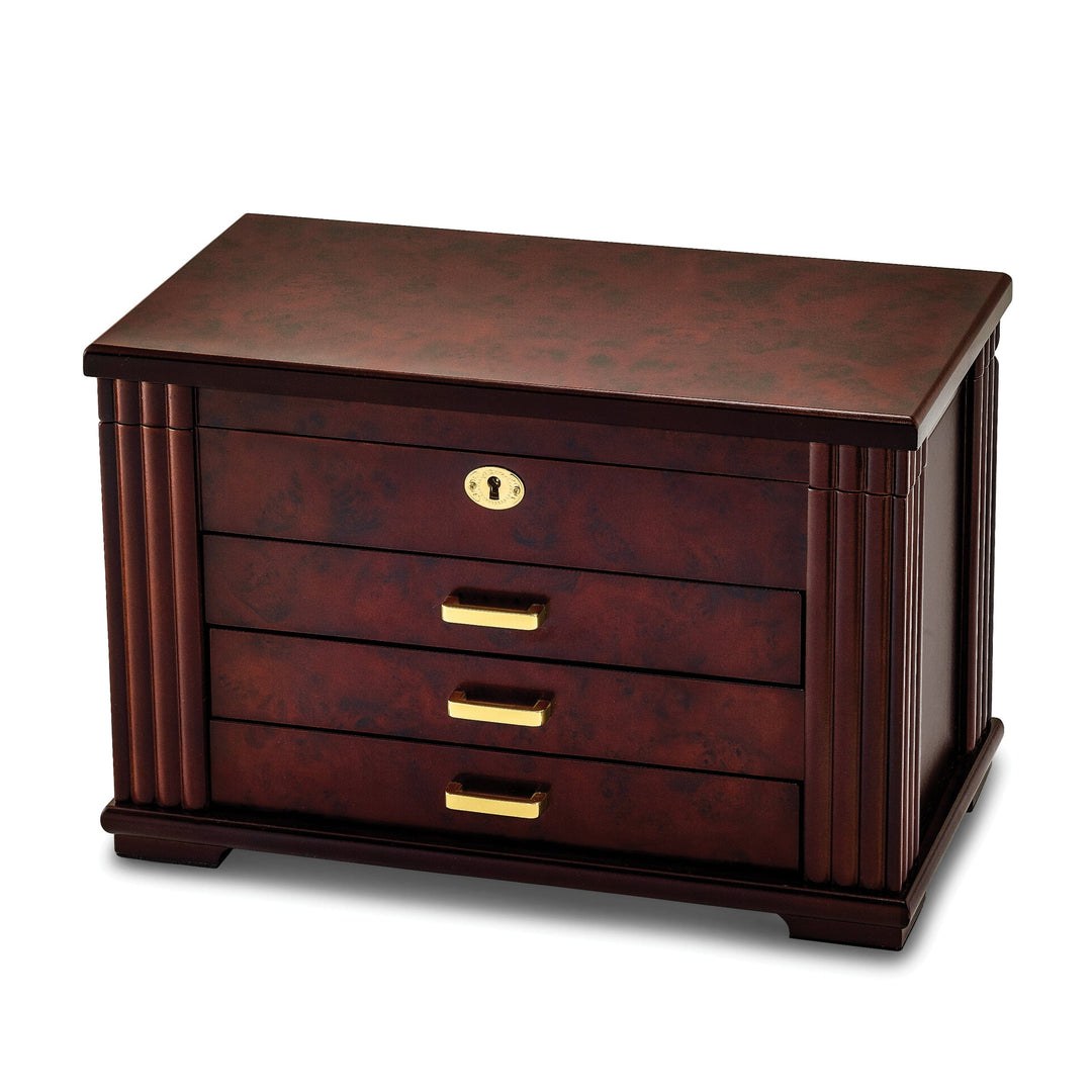 Luxury Giftware Matte Rosewood Burl Veneer 3-drawer Locking Wooden Jewelry Box