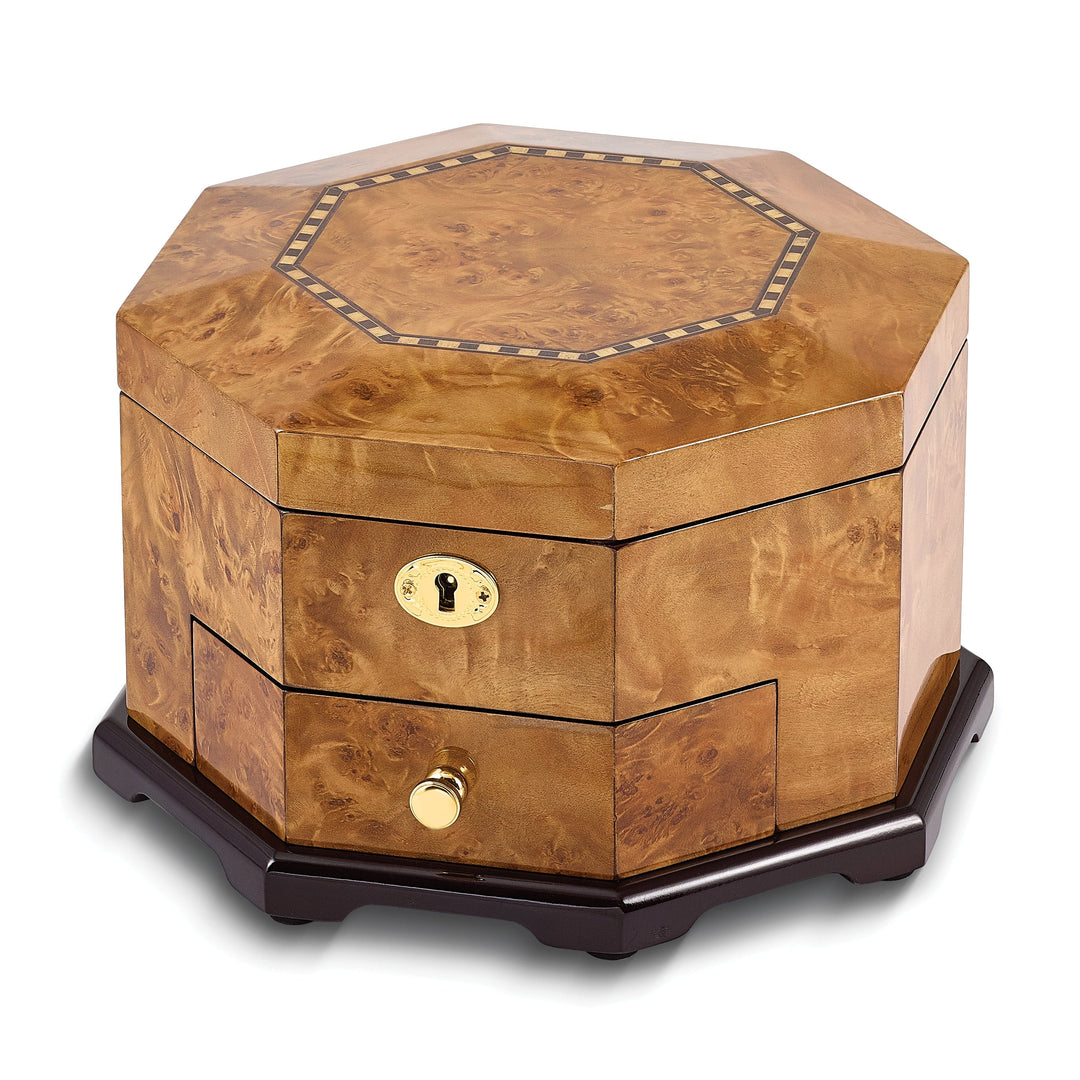 Giftware High Gloss Rustic Burlwood Veneer Scrolled Inlay One Drawer Octagonal Wooden Jewelry Box