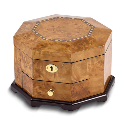 Luxury Giftware High Gloss Rustic Burlwood Veneer with Scrolled Inlay One Drawer Octagonal Velveteen Lining Locking Wooden Jewelry Box at $ 212.99 only from Jewelryshopping.com