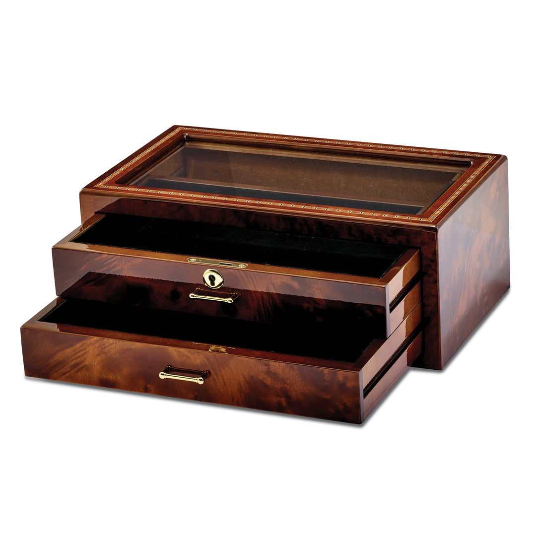 Inlay Wood Veneer Glass 2 Drawer Collector Box