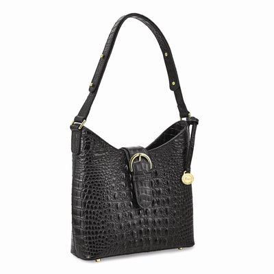 Leather Croc Texture Cotton Lining with Removable Center and Side Zip Compartment Two Slip and Pen Pockets Key Fob Metal Feet Black Zip Magnetic Buckle Strap Handbag