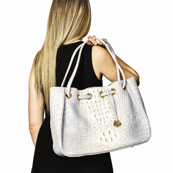 Top Grain Leather Croc Texture Magnetic Clasp Cotton Lining with Zip, Two Slip and Pen Pockets Key Fob 8 inch Strap Drop Metal Feed Silver Drawstring Handbag