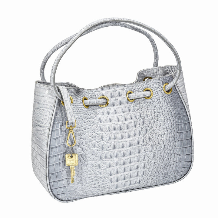 Top Grain Leather Croc Texture Magnetic Clasp Cotton Lining with Zip, Two Slip and Pen Pockets Key Fob 8 inch Strap Drop Metal Feed Silver Drawstring Handbag