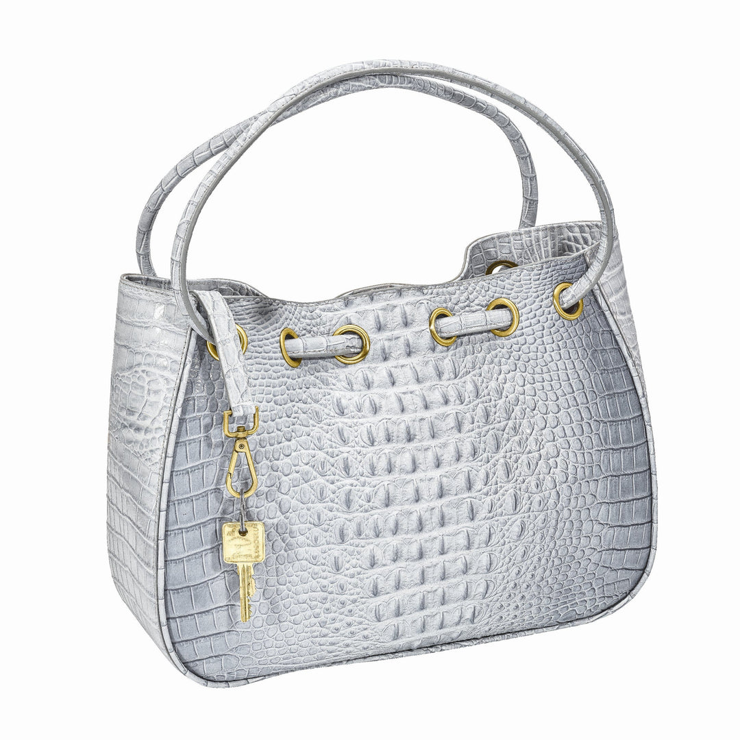 Top Grain Leather Croc Texture Magnetic Clasp Cotton Lining with Zip, Two Slip and Pen Pockets Key Fob 8 inch Strap Drop Metal Feed Silver Drawstring Handbag