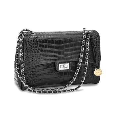 Top Grain Leather Croc Texture Adjustable Chain Strap Swivel Clasp Cotton Lining with Zip Pocket Two Slip and Pen Pockets Key Fob Black Handbag at $ 179.39 only from Jewelryshopping.com