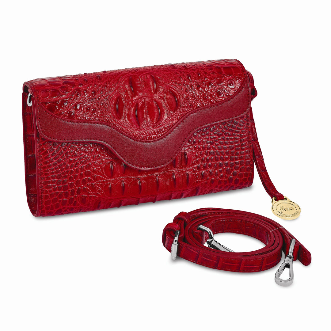 Top Grain Leather Croc Texture RFID Protected Satin Lining with Zip Pocket Four Card Slots Removable Crossbody Strap 20-23 inch Strap Drop Red Clutch Crossbody Bag
