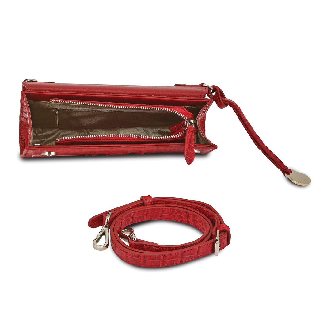 Top Grain Leather Croc Texture RFID Protected Satin Lining with Zip Pocket Four Card Slots Removable Crossbody Strap 20-23 inch Strap Drop Red Clutch Crossbody Bag