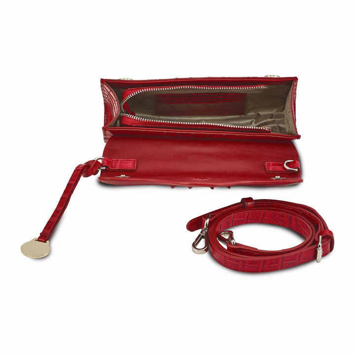 Top Grain Leather Croc Texture RFID Protected Satin Lining with Zip Pocket Four Card Slots Removable Crossbody Strap 20-23 inch Strap Drop Red Clutch Crossbody Bag