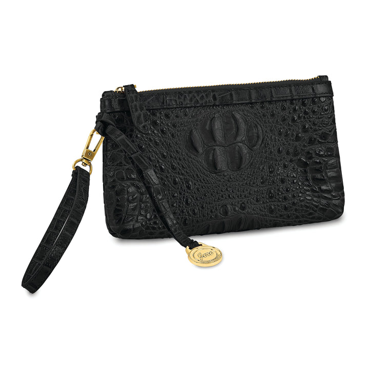 Top Grain Leather Croc Texture RFID Protected Satin Lining with Zip and Slip Pocket Six Card Slots Detachable 7 inch Wrist and Crossbody Strap 20-23 inch Strap Drop Black Clutch Crossbody Bag