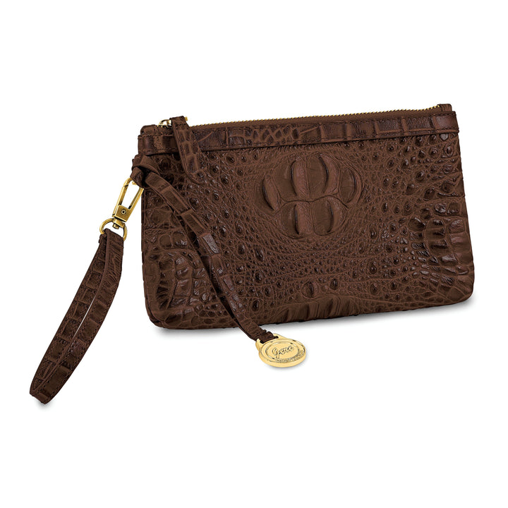 Top Grain Leather Croc Texture RFID Protected Satin Lining with Zip and Slip Pocket Six Card Slots Detachable 7 inch Wrist and Crossbody Strap 20-23 inch Strap Drop Dark Brown Clutch