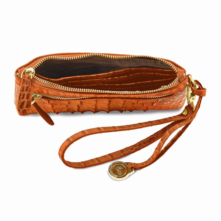 Top Grain Leather Croc Texture RFID Protected Satin Lining with Zip and Slip Pocket Six Card Slots Detachable 7 inch Wrist and Crossbody Strap 20-23 inch Strap Drop Marigold Clutch