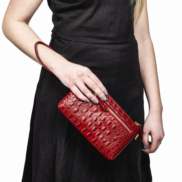 Top Grain Leather Croc Texture RFID Protected Satin Lining with Zip and Slip Pocket Six Card Slots Detachable 7 inch Wrist and Crossbody Strap 20-23 inch Strap Drop Red Clutch