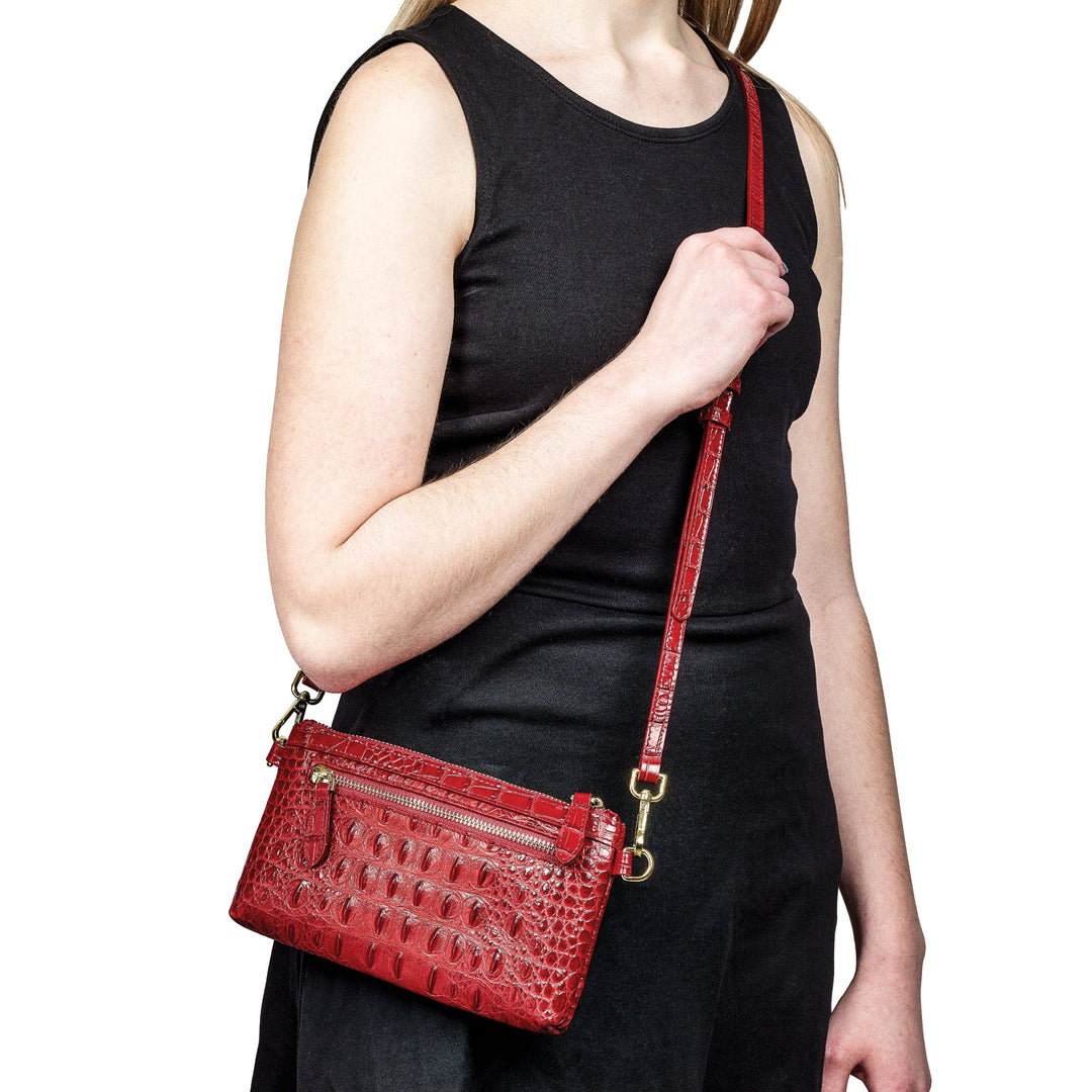 Top Grain Leather Croc Texture RFID Protected Satin Lining with Zip and Slip Pocket Six Card Slots Detachable 7 inch Wrist and Crossbody Strap 20-23 inch Strap Drop Red Clutch