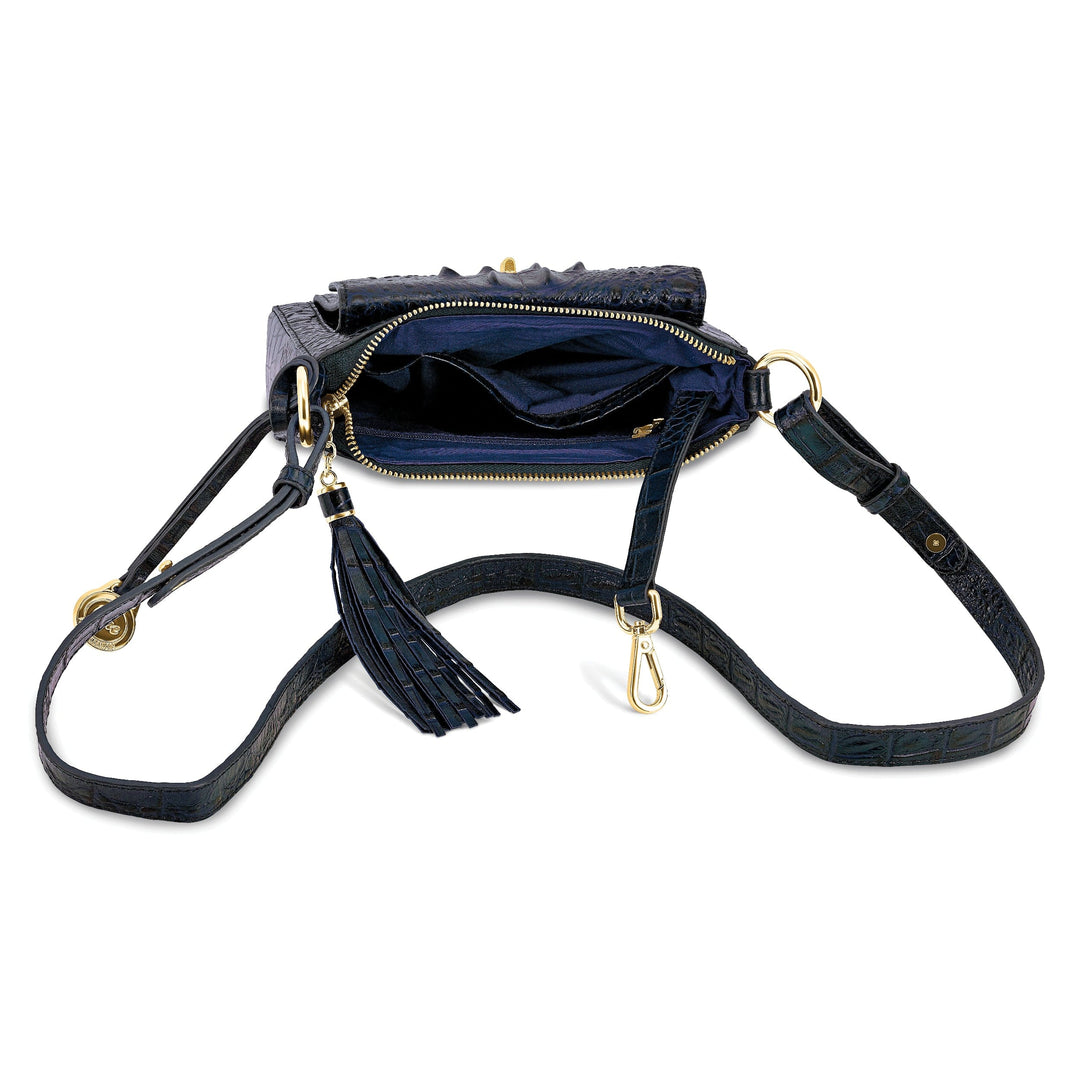 Top Grain Leather Croc Texture Zip Top with Tassel Front Swivel Clasp Compartment with Slip Pocket Clear ID and Four Card Slot Cotton Lining with Zip, Slip and Pen Pocket Key Fob Adjustable Shoulder Strap Metal Feet Navy Organizer Crossbody Bag