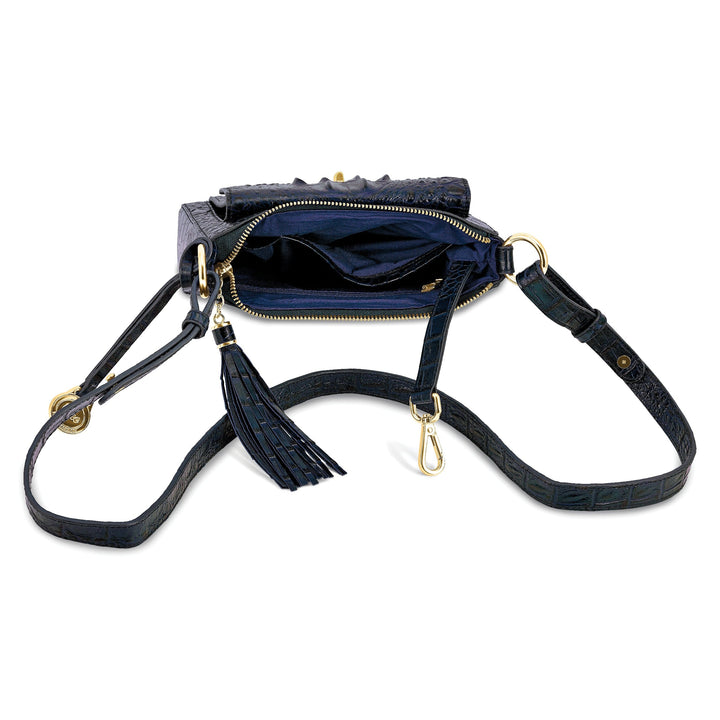 Top Grain Leather Croc Texture Zip Top with Tassel Front Swivel Clasp Compartment with Slip Pocket Clear ID and Four Card Slot Cotton Lining with Zip, Slip and Pen Pocket Key Fob Adjustable Shoulder Strap Metal Feet Navy Organizer Crossbody Bag