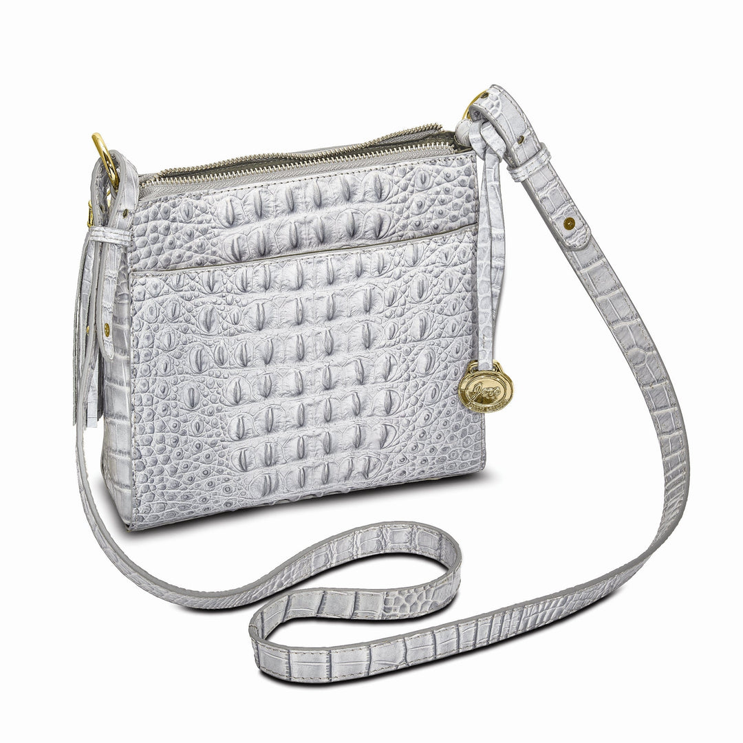 Top Grain Leather Croc Texture Zip Top with Tassel Front Swivel Clasp Compartment with Slip Pocket Clear ID and Four Card Slot Cotton Lining with Zip, Slip and Pen Pocket Key Fob Adjustable Shoulder Strap Metal Feet Silver Organizer Crossbody Bag